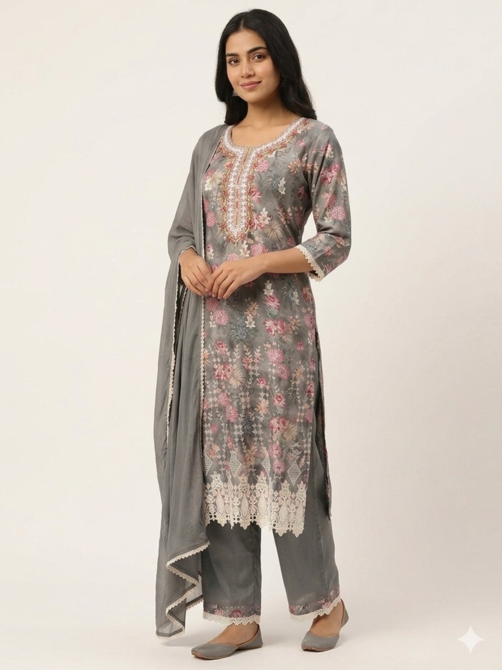 Grey Floral Kurta Set | 3 Pc Embroidered Suit With Lace Dupatta